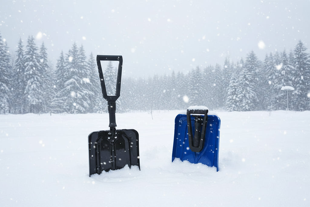 Black and blue avalanche safety shovels on a snowy background - offered by the best mountaineering store in the tri-state area, The Adirondack Tool Co.