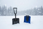 Black and blue avalanche safety shovels on a snowy background - offered by the best mountaineering store in the tri-state area, The Adirondack Tool Co.