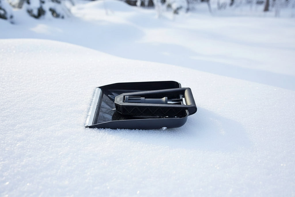 Black avalanche safety shovel on a snowy background - offered by the best mountaineering store in the tri-state area, The Adirondack Tool Co.