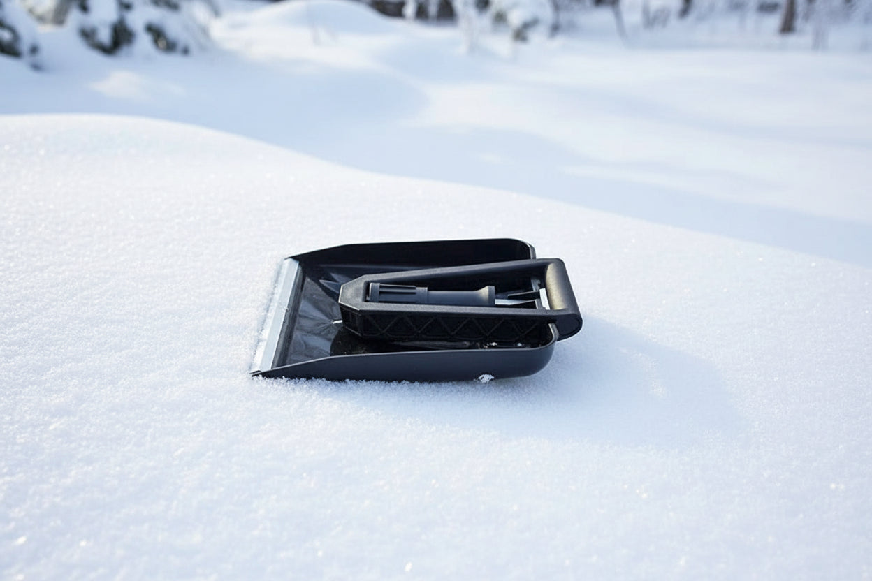 Black avalanche safety shovel on a snowy background - offered by the best mountaineering store in the tri-state area, The Adirondack Tool Co.