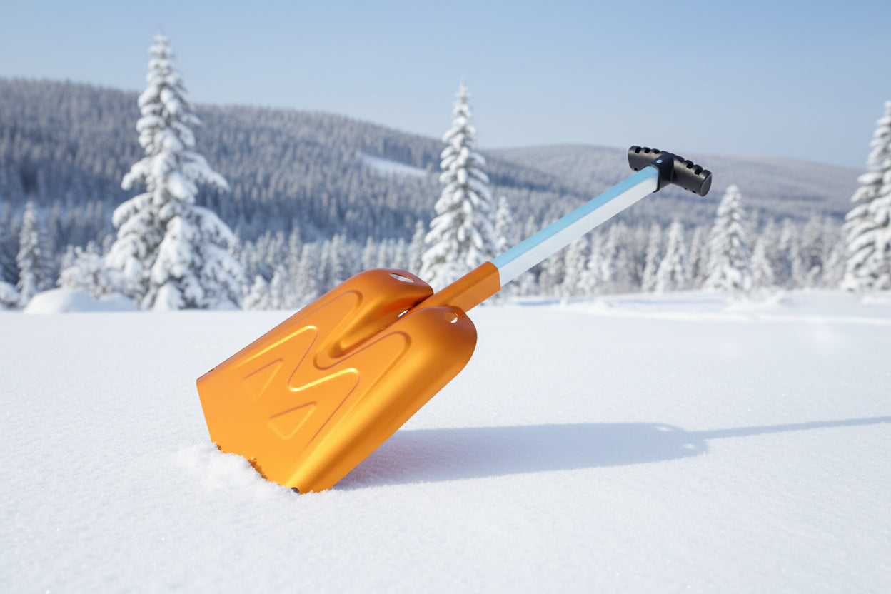 Orange avalanche snow shovel with black handle on an outdoor background - offered by the best mountaineering store in New York, The Adirondack Tool Company.