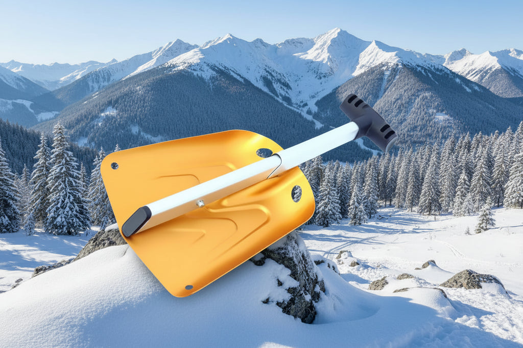 Orange avalanche snow shovel with black handle on an outdoor background - offered by the best mountaineering store in New York, The Adirondack Tool Company.