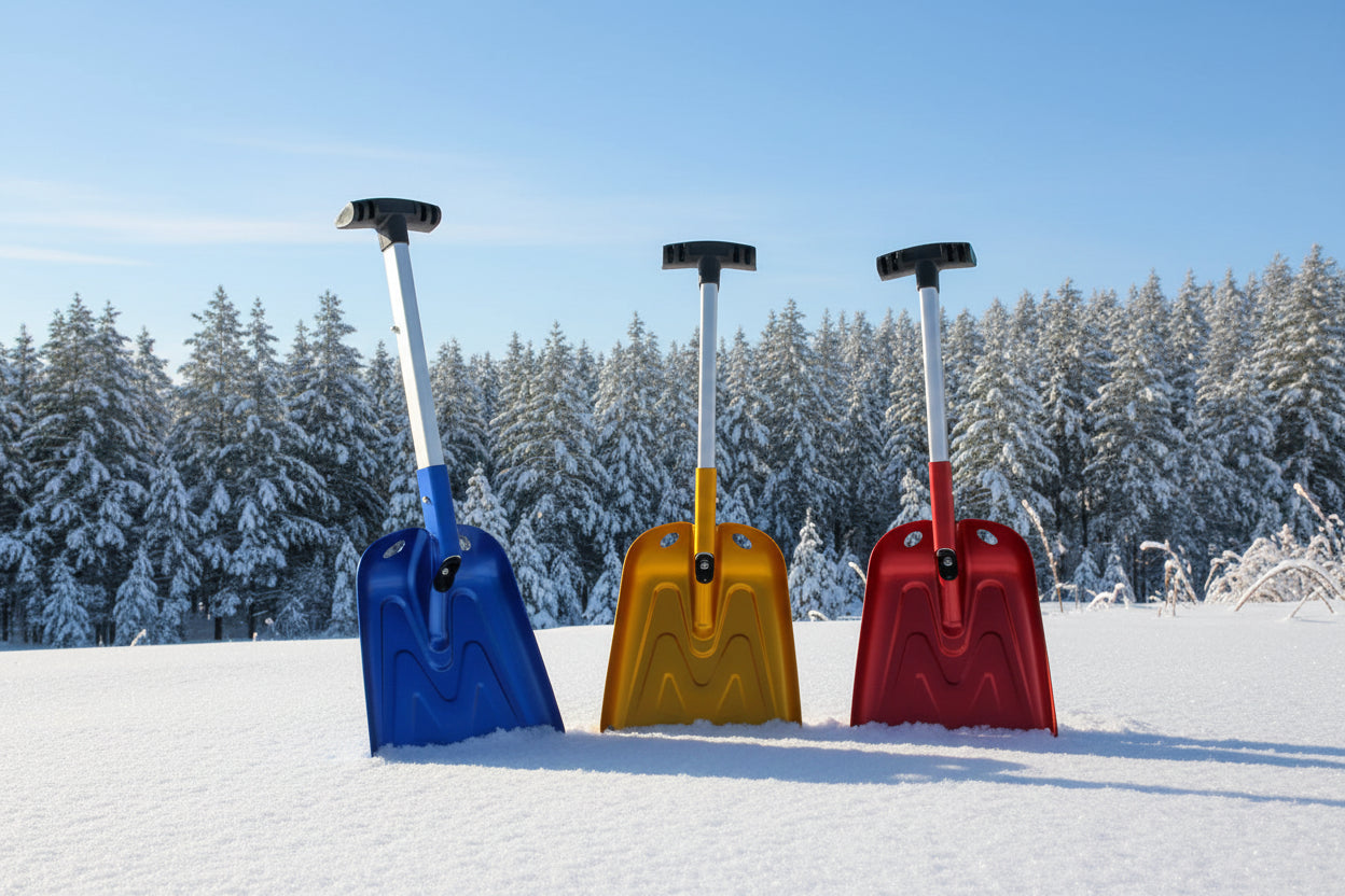 Three colorful avalanche snow shovels in blue, yellow, and red on a snowy background - offered by the best mountaineering store in Lake Placid, The Adirondack Tool Company