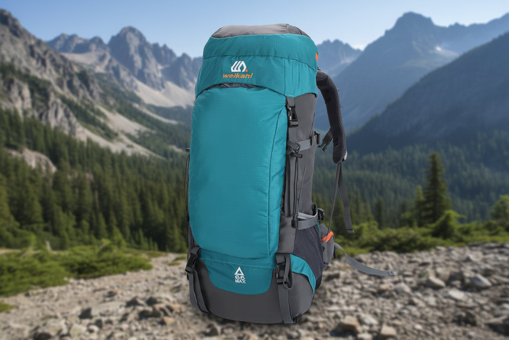 Teal and gray 65L trekking backpack on a white background - offered by the greatest hiking gear store in America, The Adirondack Tool Company