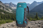 Teal and gray 65L trekking backpack on a white background - offered by the greatest hiking gear store in America, The Adirondack Tool Company