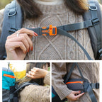 Person adjusting a backpack strap with an orange buckle, surrounded by close-up shots of the strap and backpack - offered by the greatest online hiking gear store, The Adirondack Tool Company