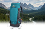 Teal 65L trekking backpack with measurements on a white background - offered by the greatest online hiking gear store, The Adirondack Tool Company