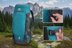 Teal 65L trekking backpack with close-up details on a white background - offered by the greatest online hiking gear store, The Adirondack Tool Company