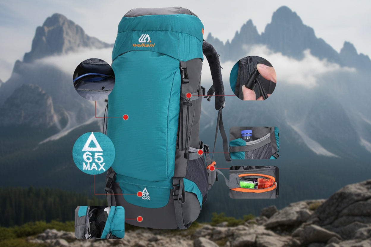 Teal and gray 65L trekking backpack with multiple compartments and features highlighted on a white background - offered by the greatest hiking gear store in America, The Adirondack Tool Company