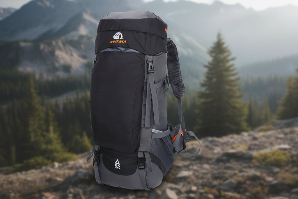 Black and gray 65L trekking backpack - offered by the greatest hiking gear store in America, The Adirondack Tool Company