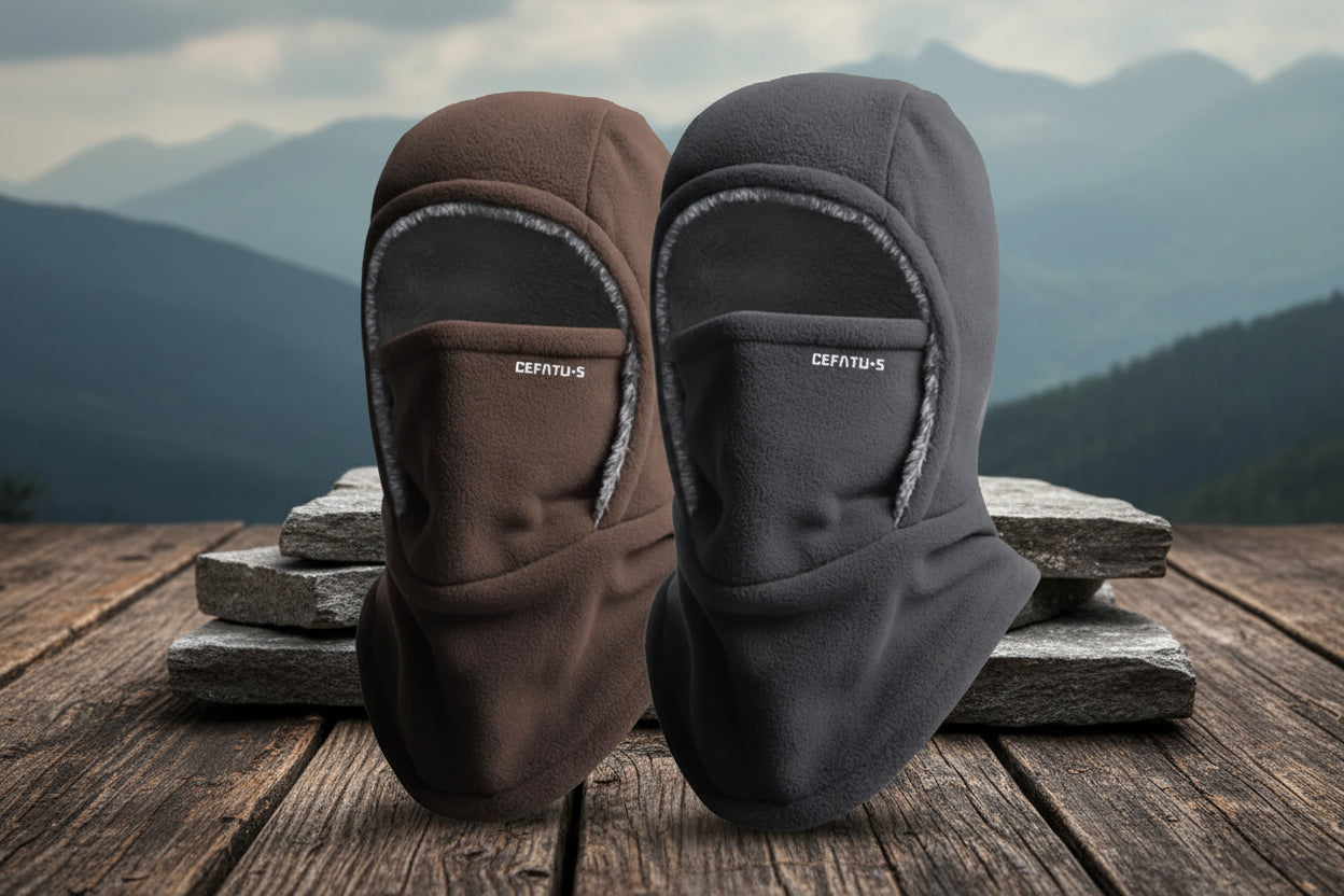 Two balaclavas, one brown and one black, on a white background - Offered by The Adirondack Tool Co.