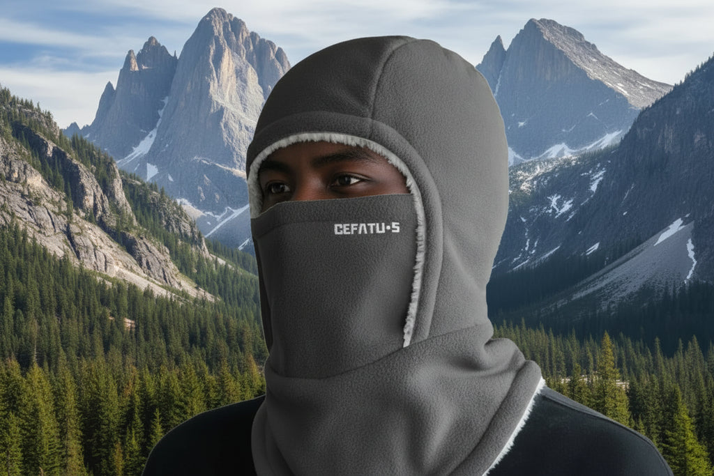 Person wearing a gray balaclava in a snowy landscape - Offered by The Adirondack Tool Co.