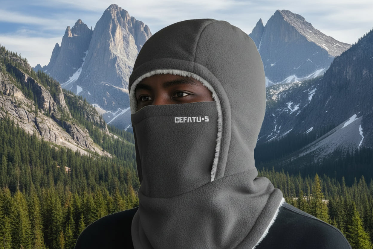 Person wearing a gray balaclava in a snowy landscape - Offered by The Adirondack Tool Co.