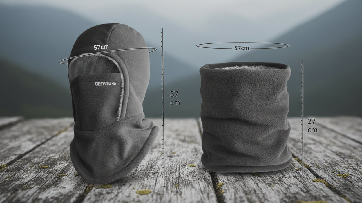 Black balaclava with measurements on a light gray background - Offered by The Adirondack Tool Co.
