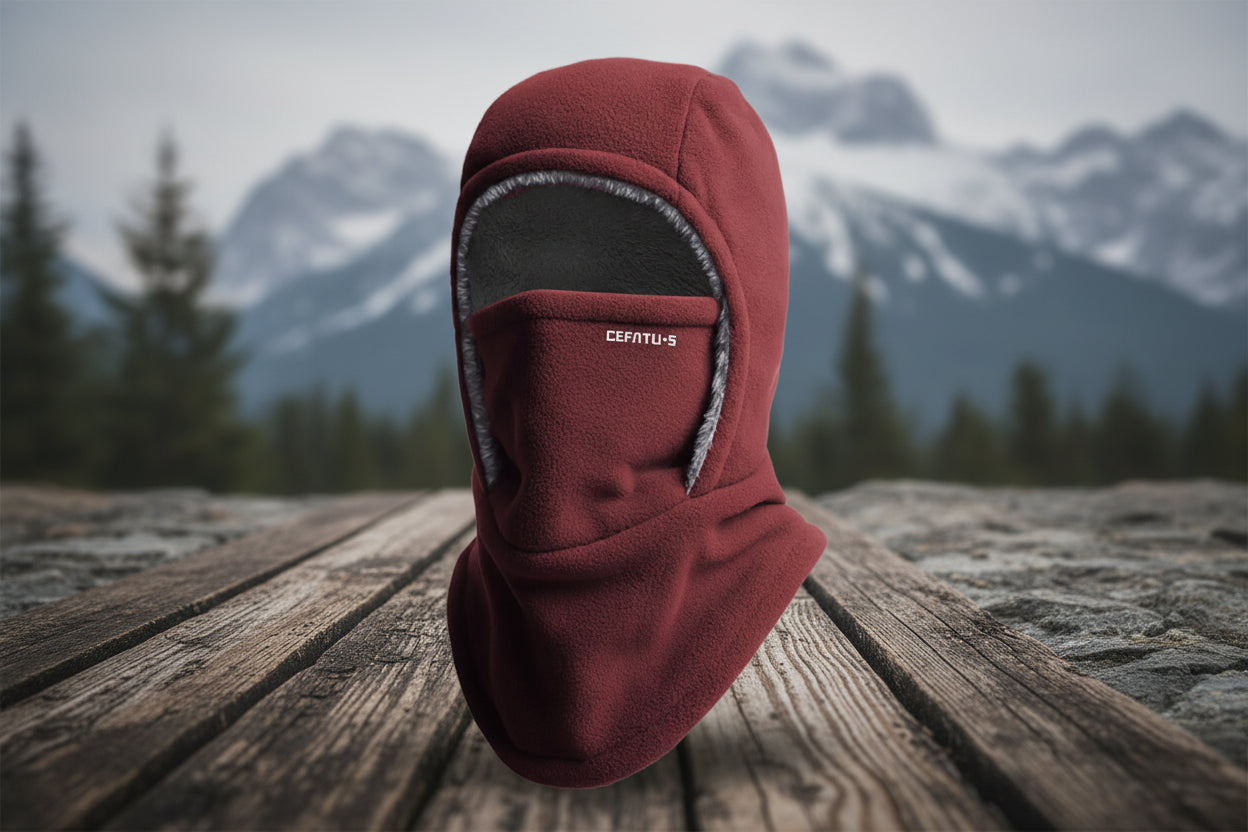 Maroon balaclava with gray interior on a white background - Offered by The Adirondack Tool Co.