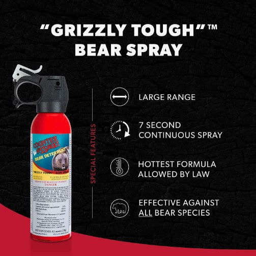 Bear spray with features listed on a black background - offered by the best mountaineering and camping store in New York City, NY, The Adirondack Tool Co.