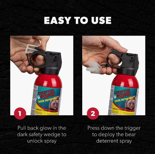Instructions on how to use a bear spray canister with text 'Easy to Use' at the top - offered by the best mountaineering and camping store in New York City, NY, The Adirondack Tool Co.