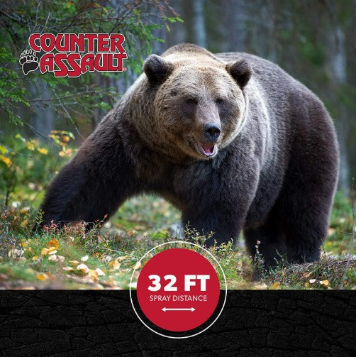 Bear in a forest with 'Counter Assault' branding and spray distance indicator.