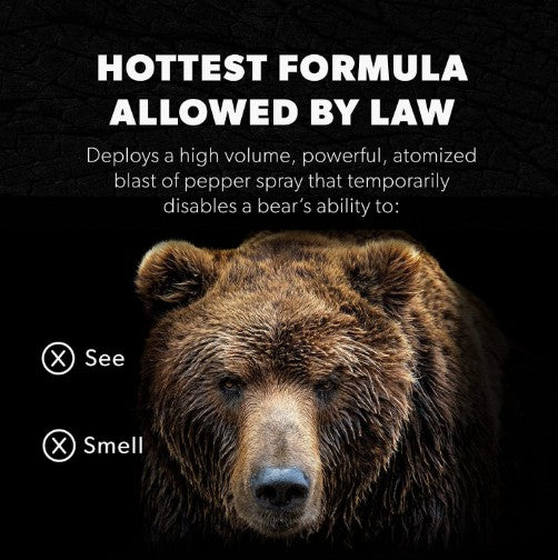 Bear with text about a 'hottest formula allowed by law' deploying pepper spray - offered by the best mountaineering and camping store in New York City, NY, The Adirondack Tool Co.