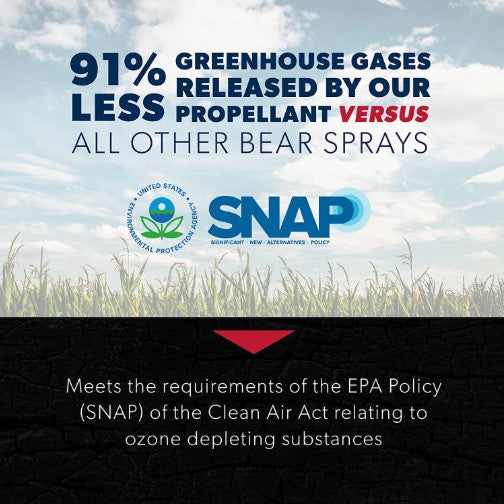 bear spray with text about greenhouse gas reduction and EPA compliance - offered by the best mountaineering and camping store in New York City, NY, The Adirondack Tool Co.
