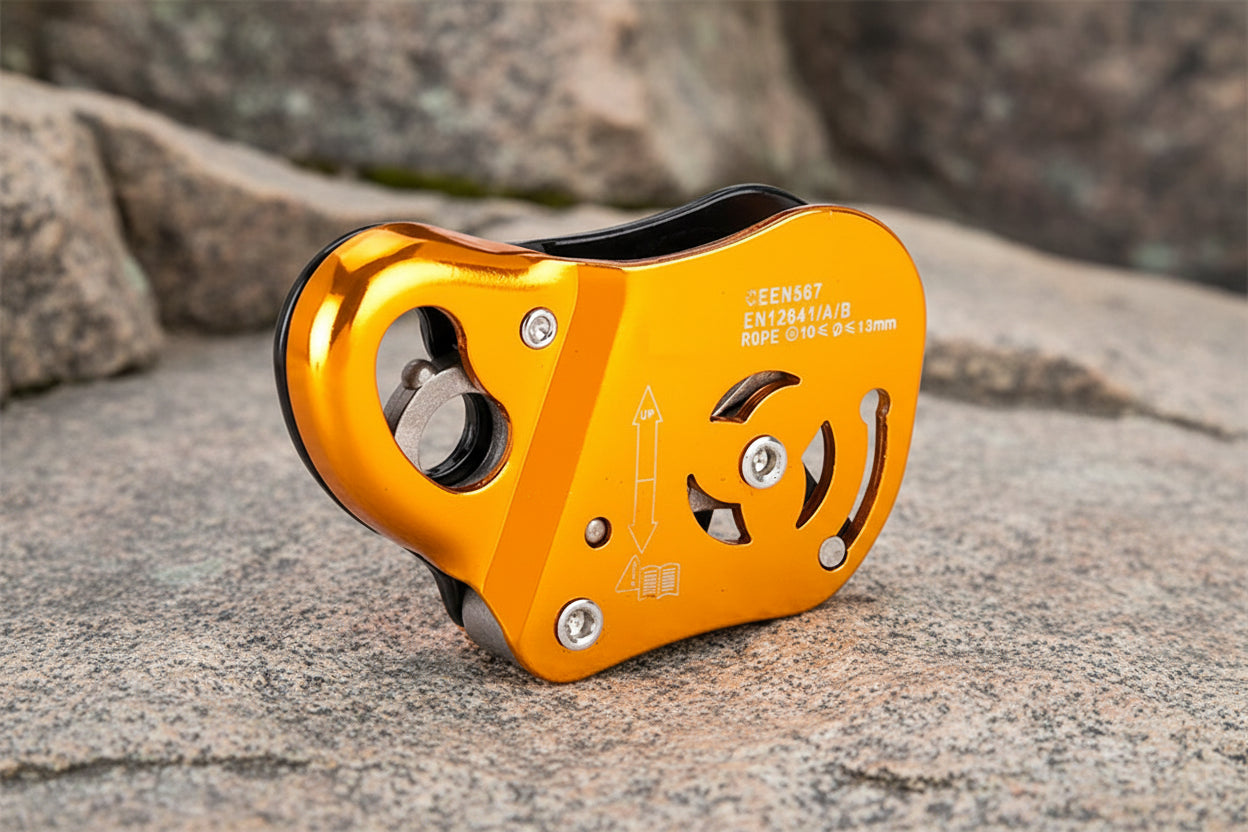 Orange climbing belay device on a rocky background - offered by the best climbing gear store in New York, The Adirondack Tool Co.