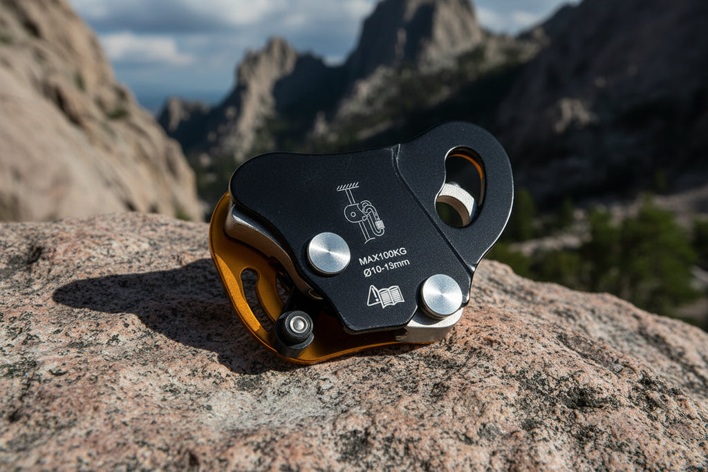 Black and orange climbing device with metal components on a white background - offered by the best climbing gear store in New York, The Adirondack Tool Co.
