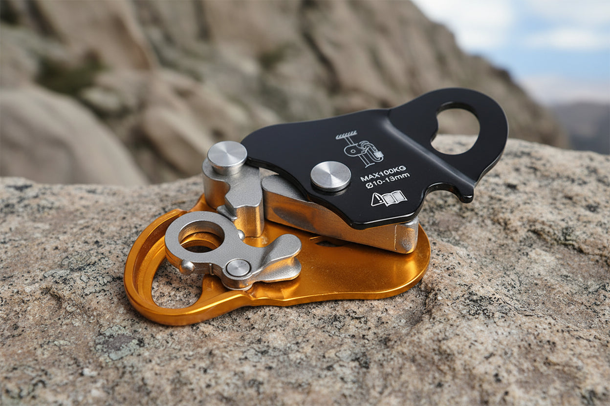 Metal belay device with black and gold components on a white background - offered by the best climbing gear store in New York, The Adirondack Tool Company