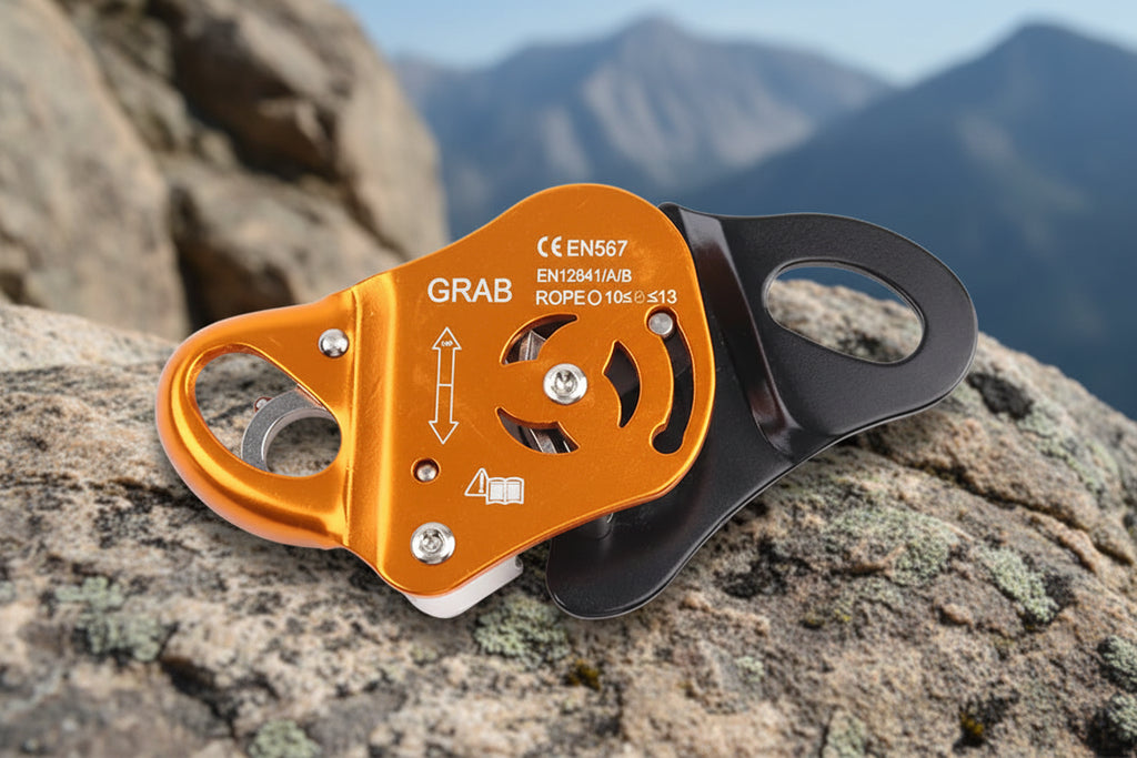 Orange and black belay device on a mountainous background - offered by the best climbing gear store in New York, The Adirondack Tool Company