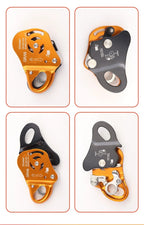 Four views of an orange and black climbing device on a white background - offered by the best climbing gear store in New York, The Adirondack Tool Company