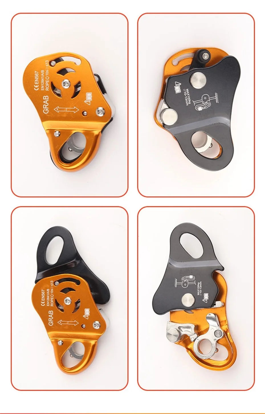 Four views of an orange and black climbing device on a white background - offered by the best climbing gear store in New York, The Adirondack Tool Company