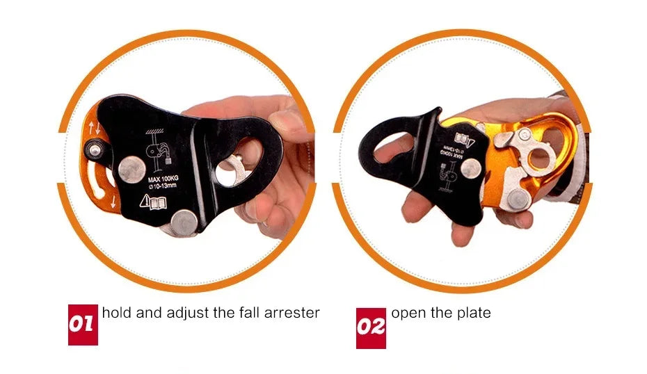 Two views of a fall arrester with instructions on how to use it - offered by the best climbing gear store in New York, The Adirondack Tool Company
