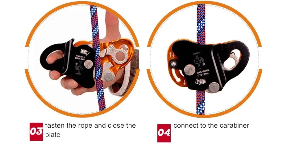 Belay device with instructions on how to use it, featuring a hand holding the device and a close-up of the device - offered by the best climbing gear store in New York, The Adirondack Tool Company