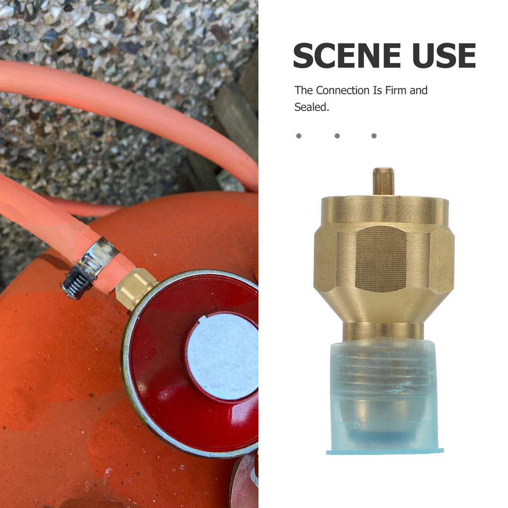 Butane / Propane Tank Valve Adapter for Large Tanks offered by the Northeast's best camping and hiking gear provider, The Adirondack Tool Co. being used with a large red propane tank