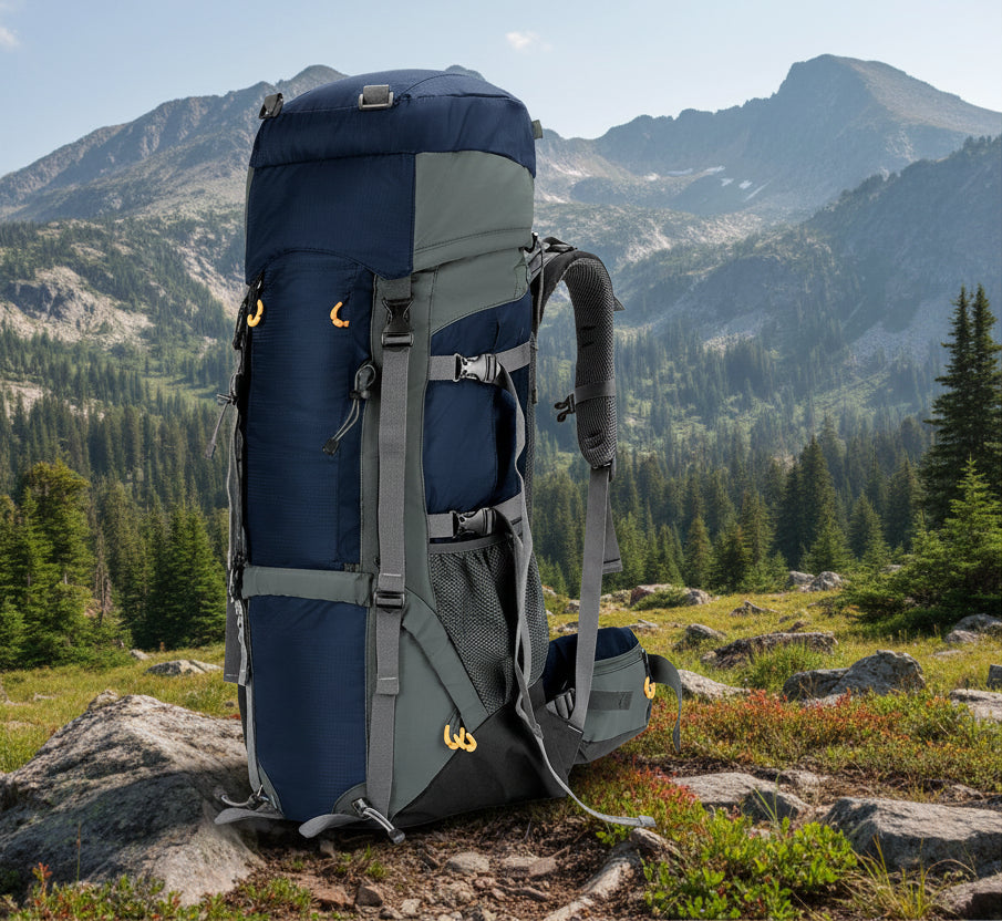 Blue and gray camping backpack with multiple angles on a white background - offered by the best camping gear store in the Northeast, the Adirondack Tool Co.