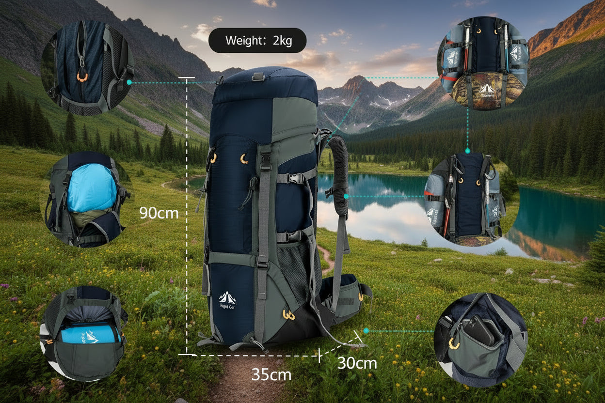 Camping backpack with multiple angles and dimensions displayed on a white background - offered by the best camping gear store in the Northeast, the Adirondack Tool Co.