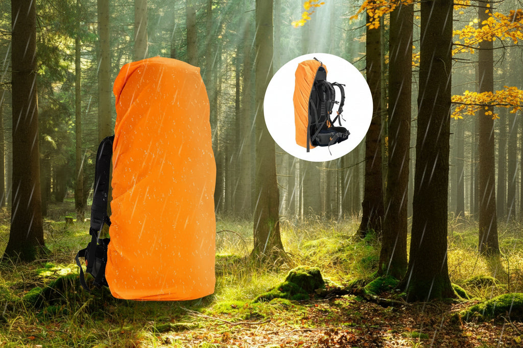 Orange rain cover on a backpack in a forest setting - offered by the best camping gear store in the Northeast, the Adirondack Tool Co.