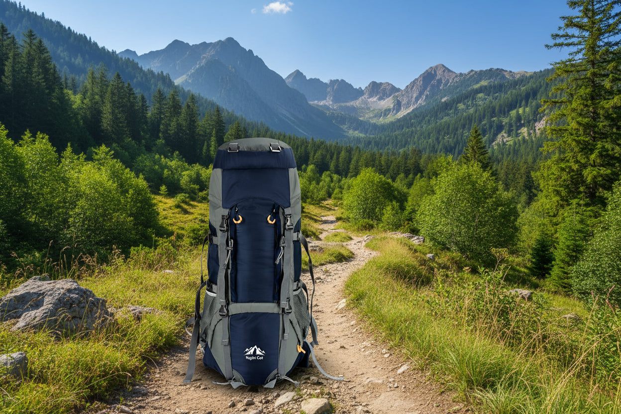 Navy and gray camping backpack on a white background - offered by the best camping gear store in the Northeast, the Adirondack Tool Co.