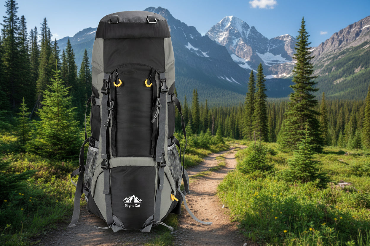 Black and gray camping backpack on a white background - offered by the best camping gear store in the Northeast, the Adirondack Tool Co.