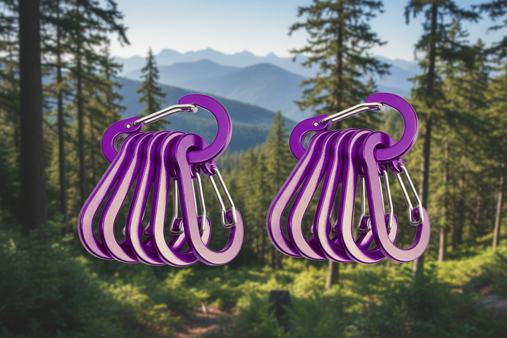 Set of purple carabiners on a white background - offered by the best hiking store in New York, The Adirondack Tool Company