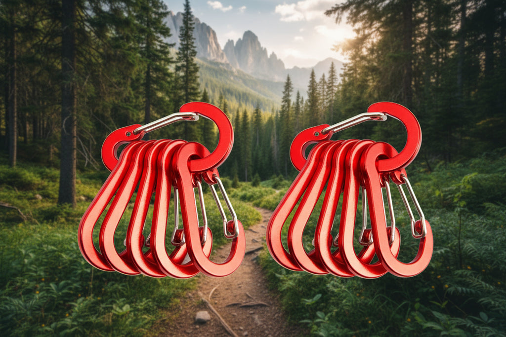 Set of red camping carabiners on a white background - offered by the best hiking store in New York, The Adirondack Tool Company