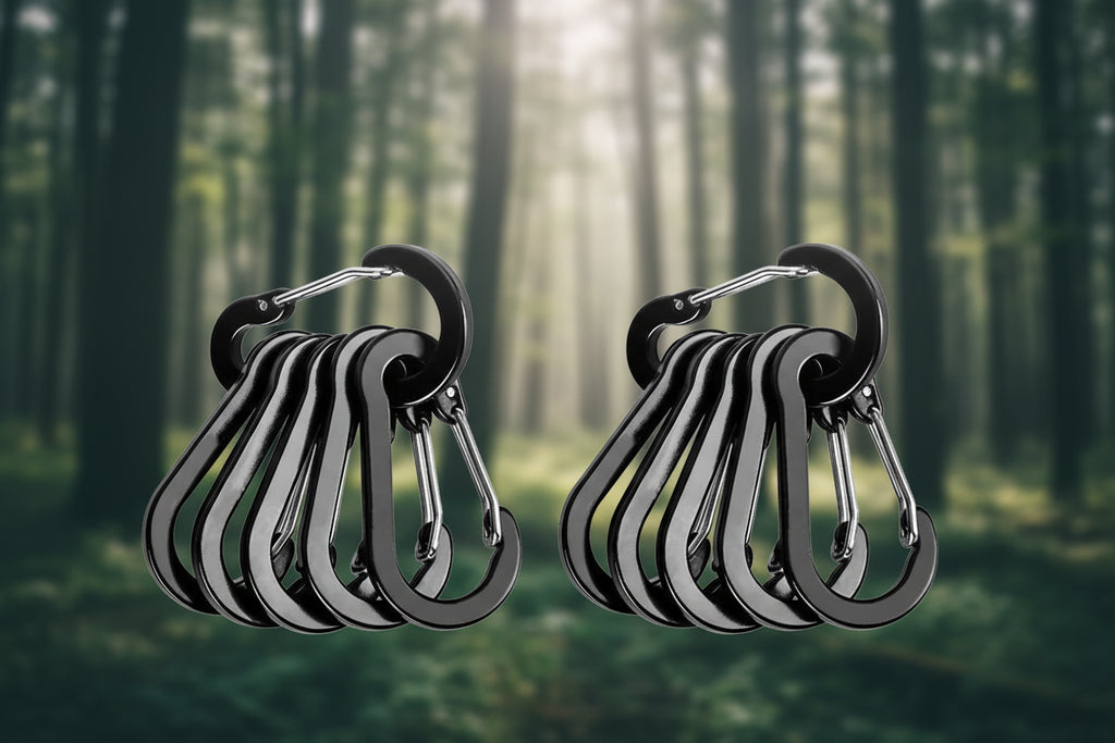 Set of black carabiners on a white background - offered by the best hiking store in New York, The Adirondack Tool Company