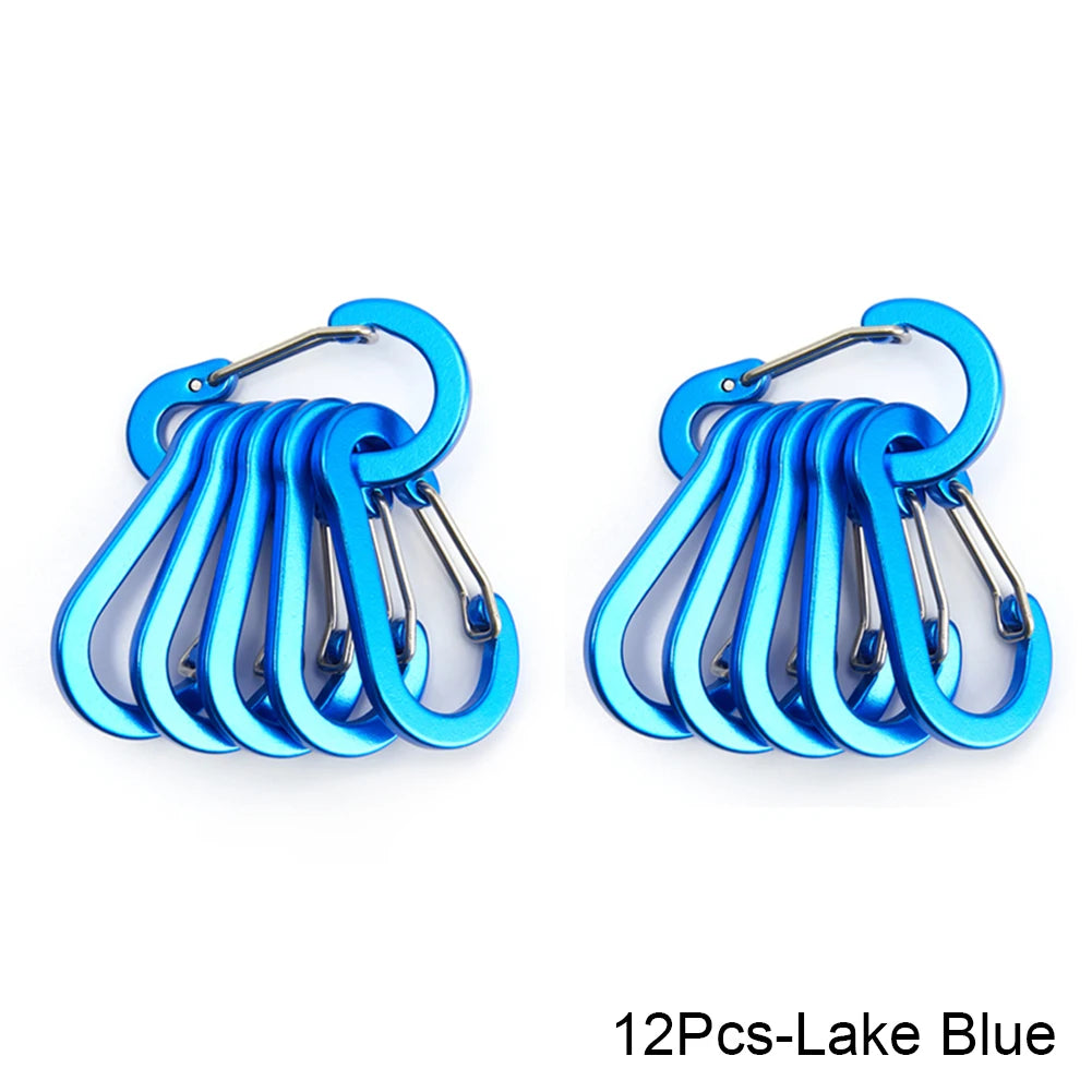 Set of 12 lake blue carabiners on a white background - offered by the best hiking store in New York, The Adirondack Tool Company