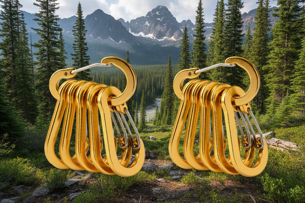 Set of gold carabiners on a white background - offered by the best hiking store in New York, The Adirondack Tool Company