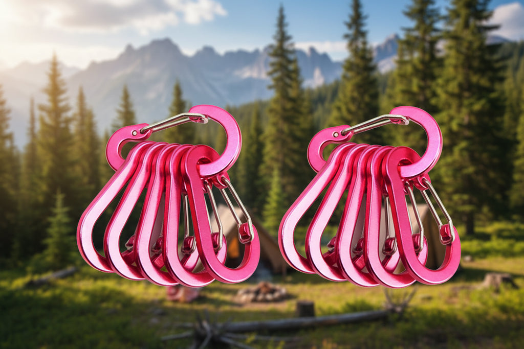 Set of pink camping carabiners on a white background - offered by the best hiking store in New York, The Adirondack Tool Company