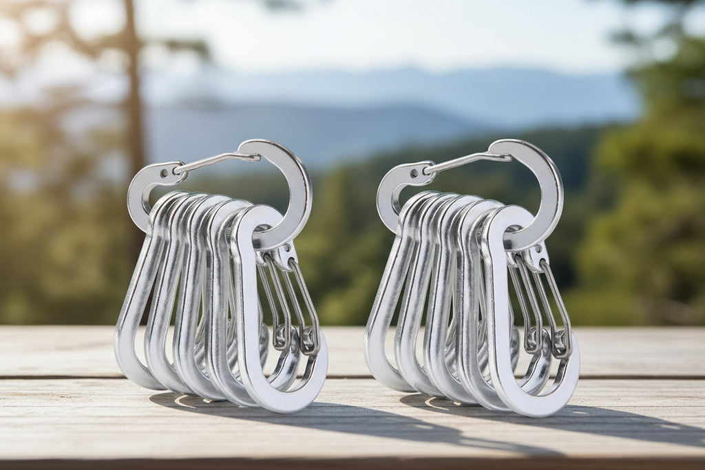 Set of silver carabiners on a white background - offered by the best hiking store in New York, The Adirondack Tool Company