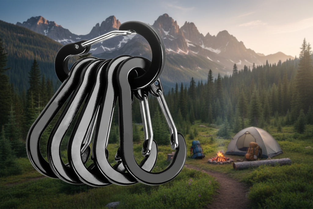 Set of black camping carabiners on a white background - offered by the best hiking store in New York, The Adirondack Tool Company
