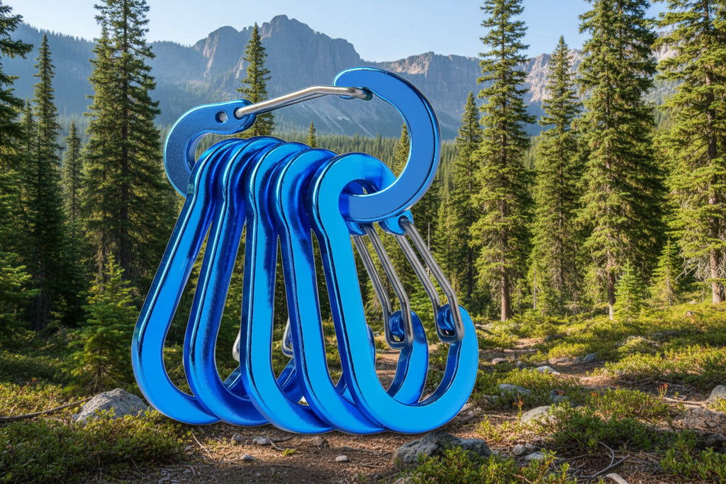 Set of royal blue camping carabiners on a white background - offered by the best hiking store in New York, The Adirondack Tool Company