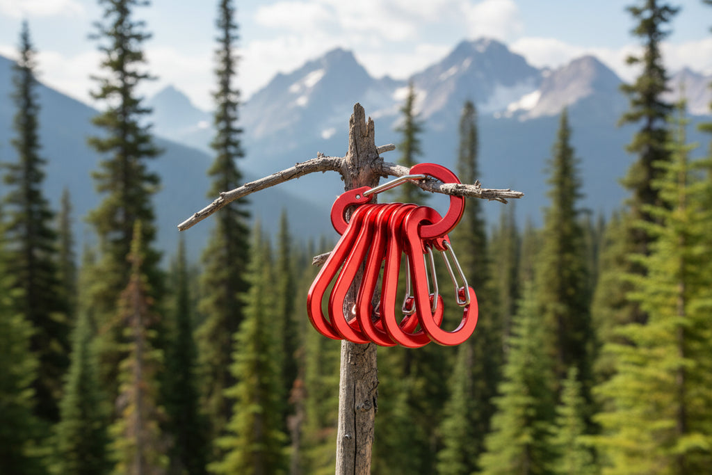 Set of red camping carabiners on a white background - offered by the best hiking store in New York, The Adirondack Tool Company
