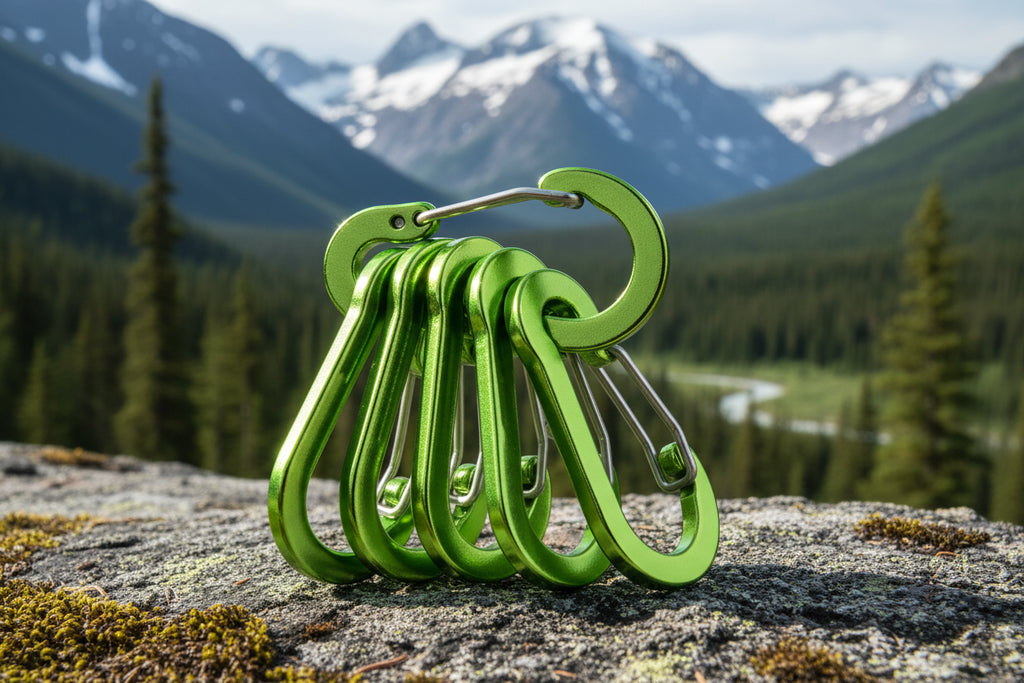 Six green carabiners stacked on a white background - offered by the best hiking store in New York, The Adirondack Tool Company