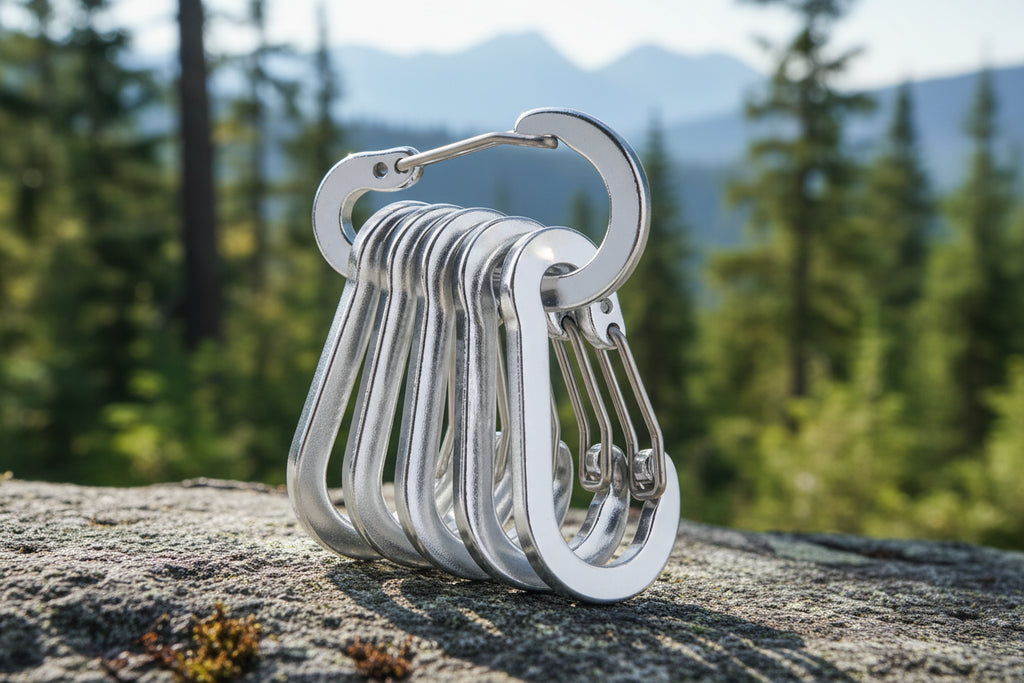 Set of six silver carabiners stacked on a white background - offered by the best hiking store in New York, The Adirondack Tool Company